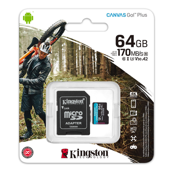 Micro SD Kingston 64GB Canvas GoPlus Class10 UHS-I U3 V30 A2, SDCG3/64GB